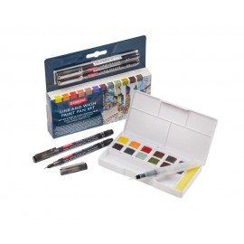 A set of water-based paints with two fineliners.
