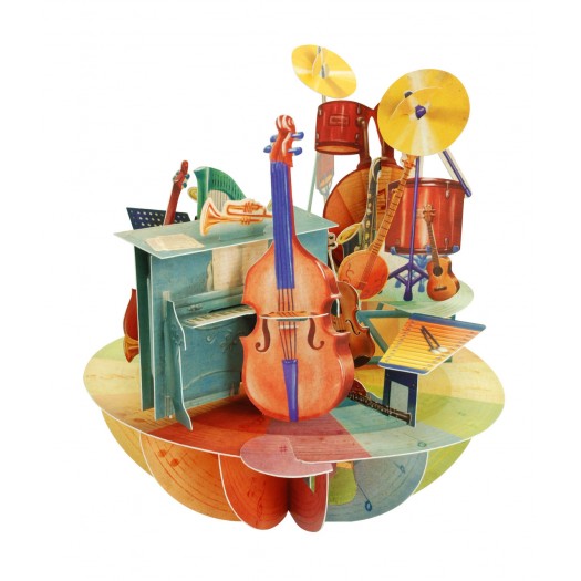 Colorful 3D greeting card with musical instruments theme.