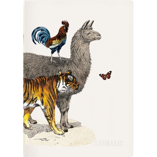 Zeszyt oprawiony w kremową okładkę z ilustracjami zwierząt.