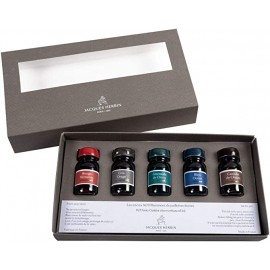 A set of five inks packaged in a paper box.