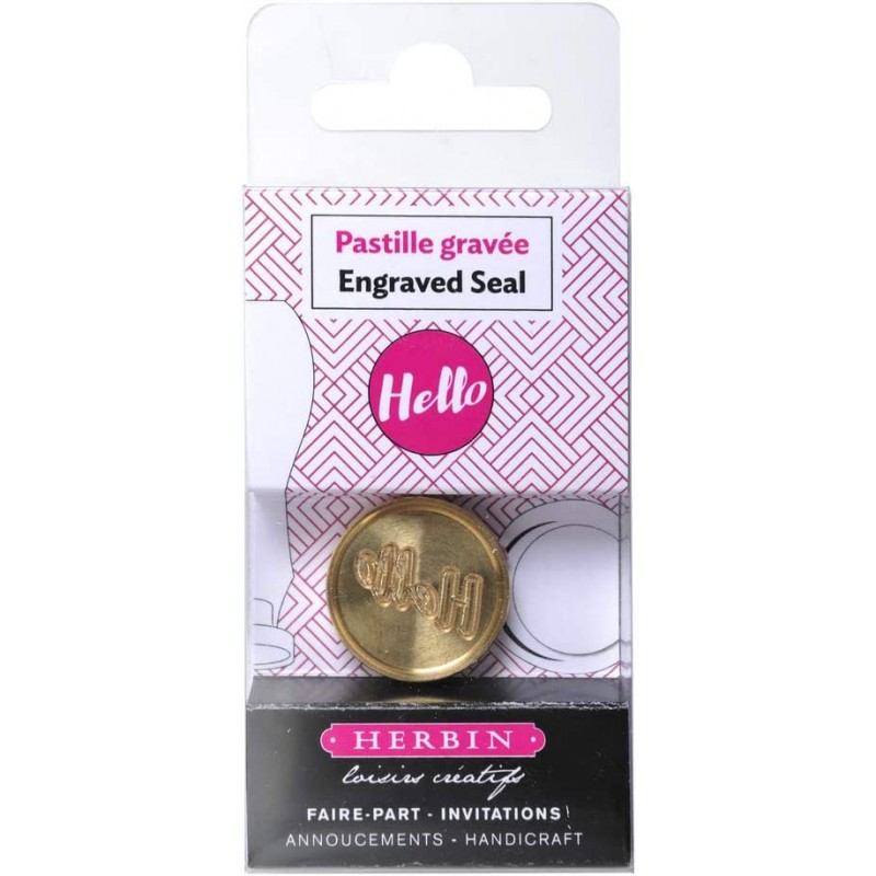 Brass seal with precise engraving depicting the word "hello".
