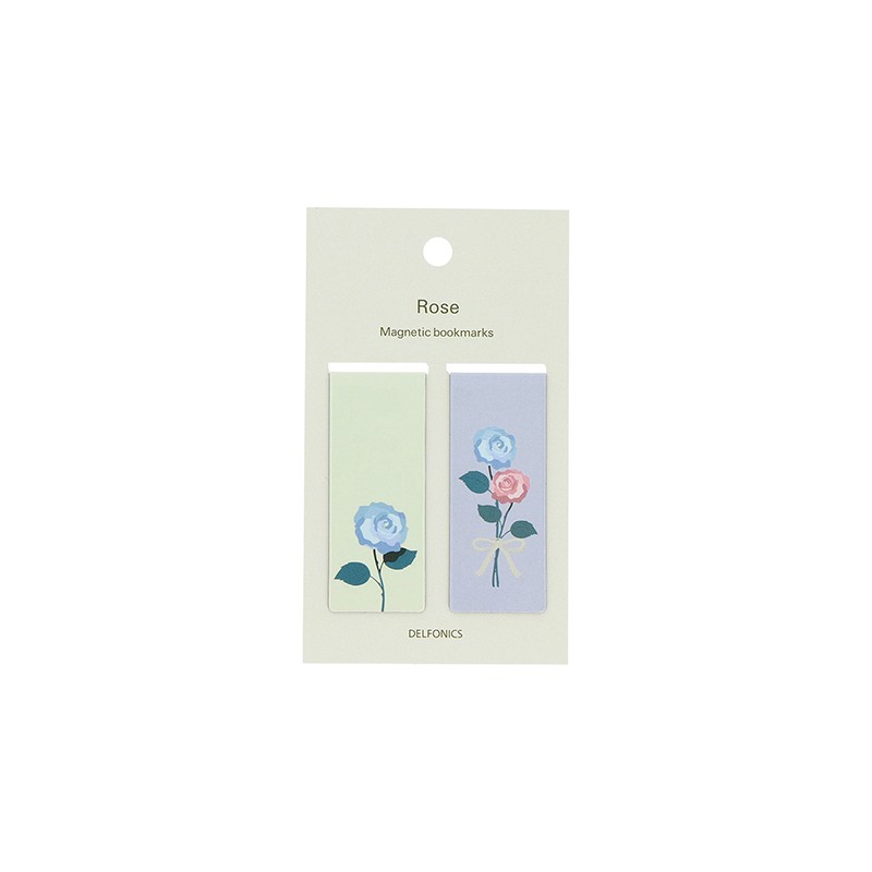 A set of magnetic bookmarks with a rose motif.