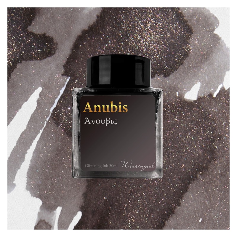 Brown-black ink enriched with shiny flecks.