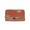 Leather pencil case with compartments.
