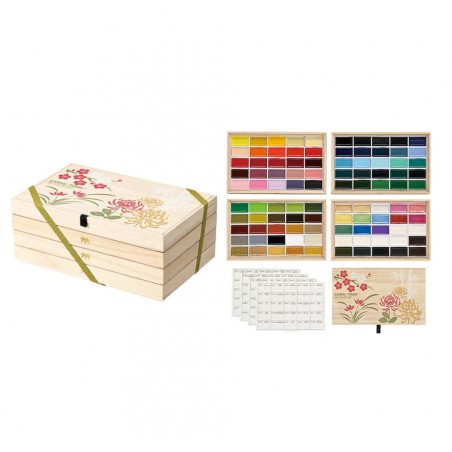A set of 100 watercolour paints packaged in an elegant wooden box.
