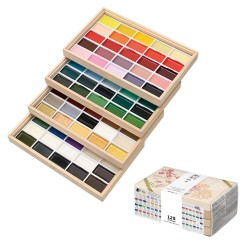 Zestaw 100 farb akwarelowych zapakowanych w eleganckie, drewniane pudełko.