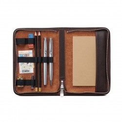 Leather pen case with compartments.