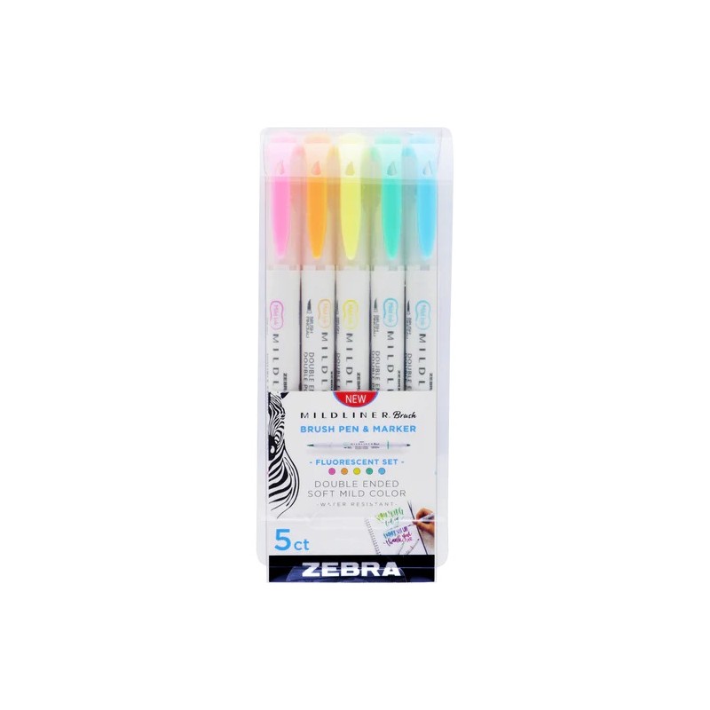 Zestaw Brush Penów MILDLINER z podwójną końcówką Zebra 5 szt. | Fluorescencyjny