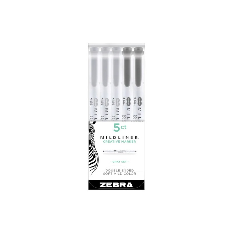 Zestaw zakreślaczy MILDLINER z podwójną końcówką Zebra 5 szt. | Gray Set